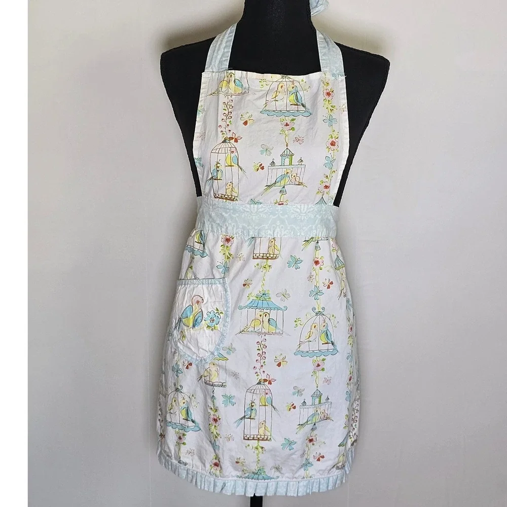 Vintage Style‎ Women's Birdcage Print Apron Cottagecore Shabby Chic Blue White
